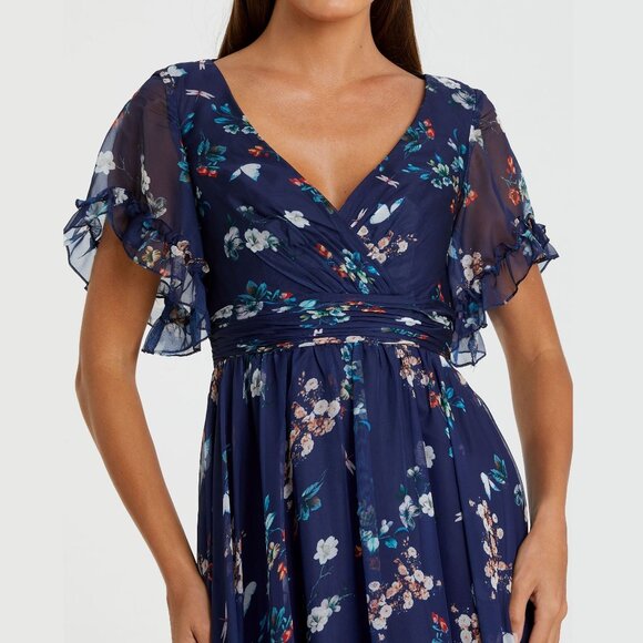 NWT Mac Duggal Flounce Sleeve Floral Maxi Dress Navy Multi 14 #8612 - Picture 2 of 8